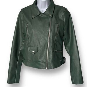 Love Tree Jacket Women's M Green Faux Leather Asymmetrical Zip Crop Moto Biker